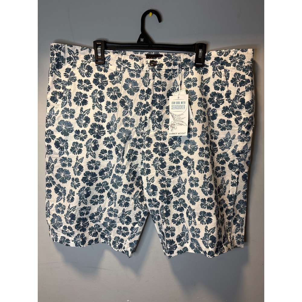 Jachs NY Mens Seersucker Shorts Blue White Floral Hibiscus Beach Summer 40
